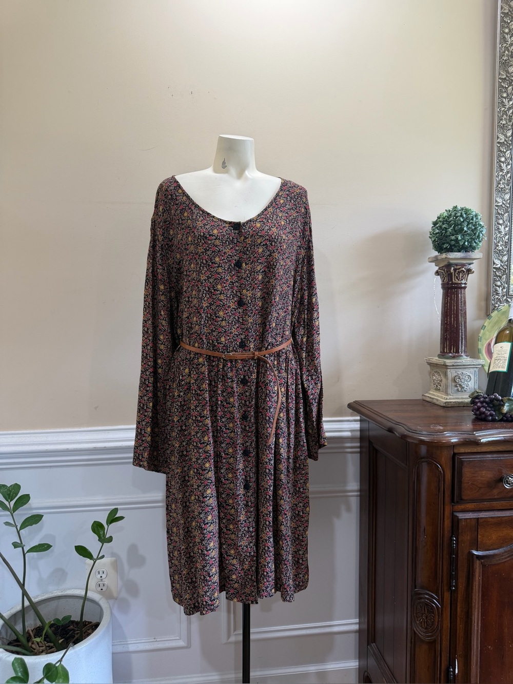 Vintage Putumayo Floral Long-Sleeve Button Front Dress in Brown